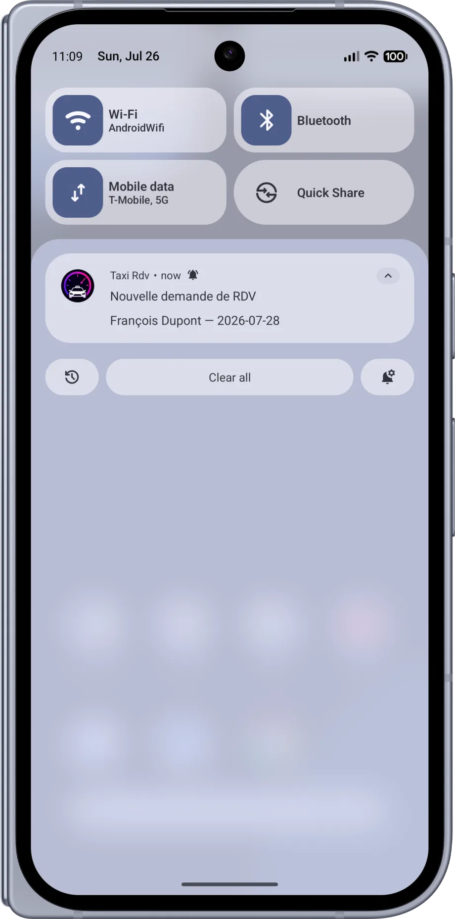 Notification d'une nouvelle demande de rendez-vous sur le téléphone du chauffeur