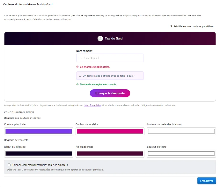 Page de réglage des couleurs du formulaire dans l'espace de gestion