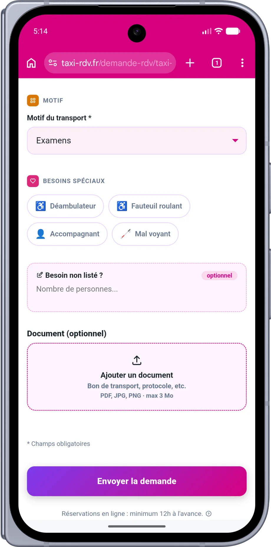 Ajout d'une ordonnance ou d'un bon de transport à la demande