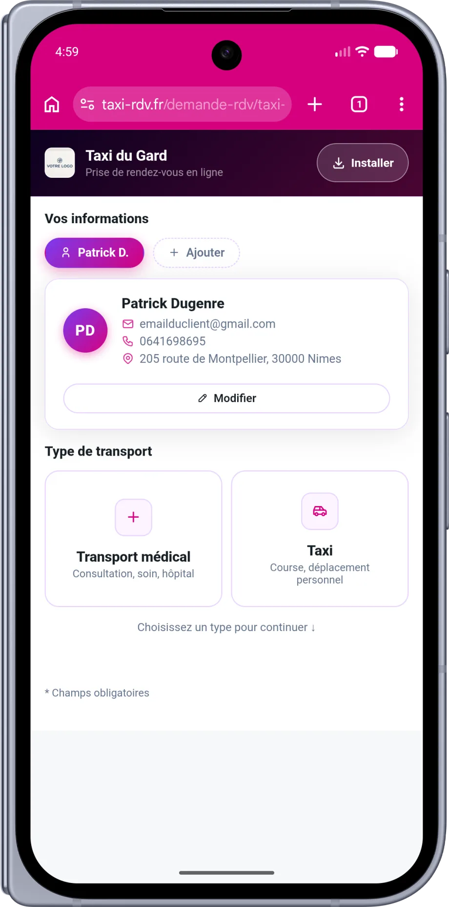 Formulaire de réservation en ligne sur téléphone : choix du transport médical ou du taxi